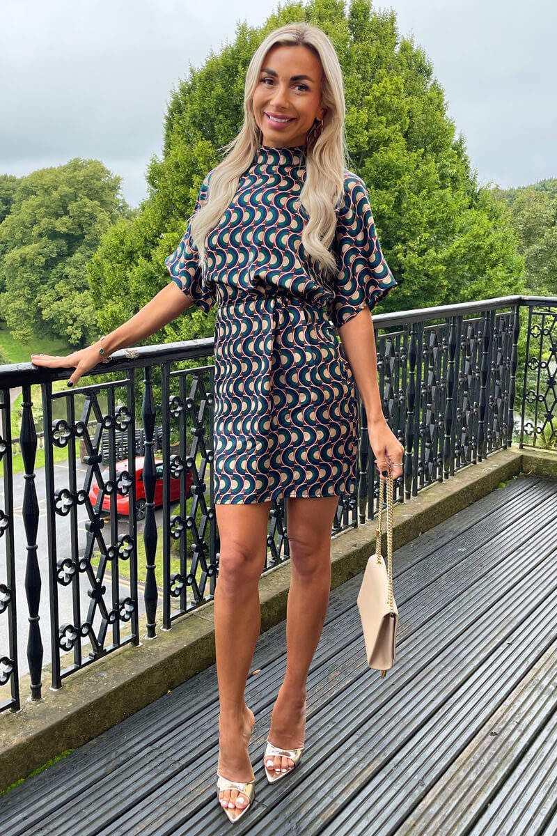 Multi Print High Neck Short Sleeved Mini Dress - Swimclubus