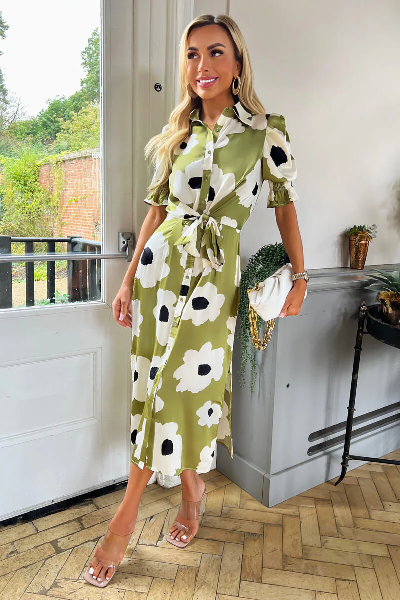 Olive Bold Floral Print Midi Shirt Dress - Swimclubus
