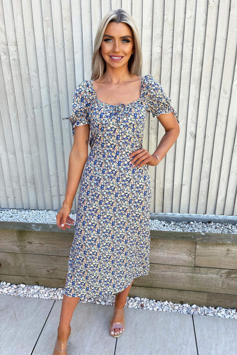 Multi Floral Square Neck Split Dress - Swimclubus