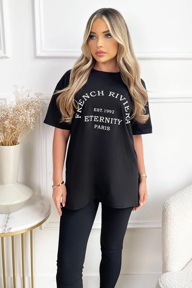 Black French Riviera Slogan T-Shirt - Swimclubus