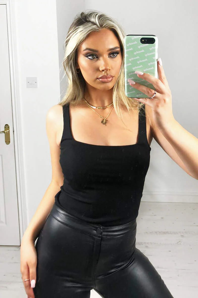 Black Square Neck Basic Bodysuit - Swimclubus