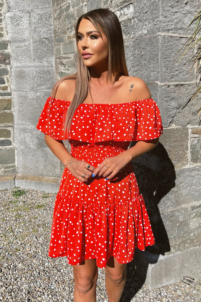Red And White Polka Dot Bardot Style Mini Dress - Swimclubus