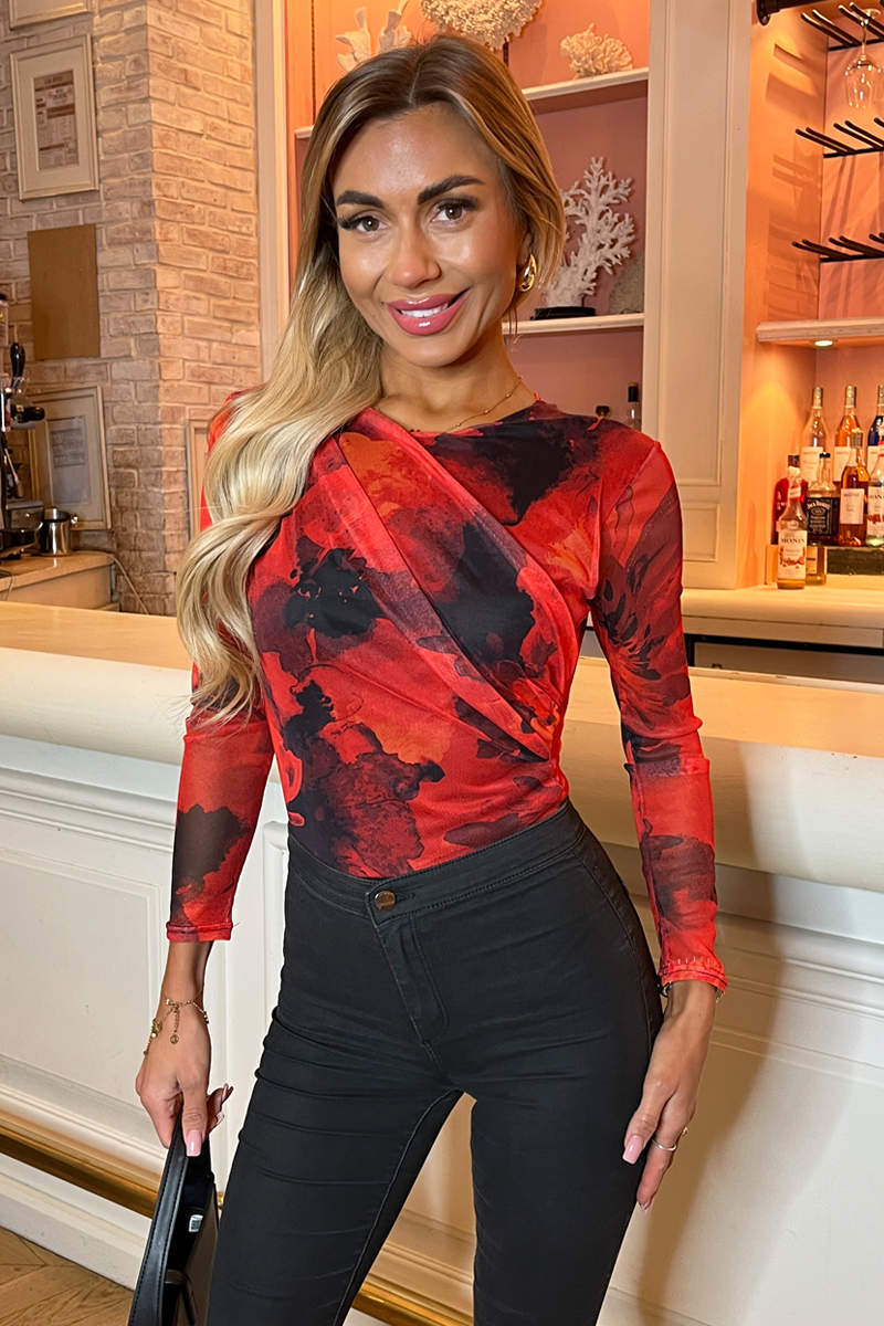 Red Printed Mesh Long Sleeve Bodysuit - Swimclubus