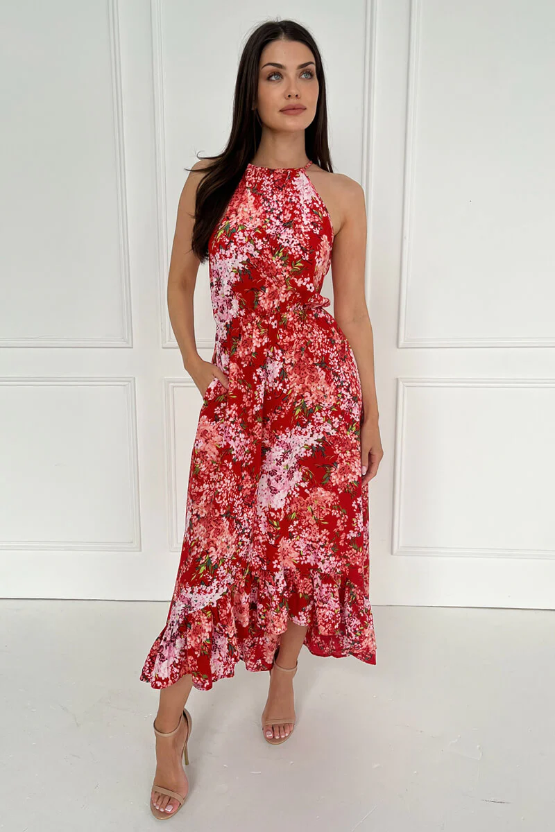Red Floral Printed Frill Hem High Neck Midi Dress - Swimclubus