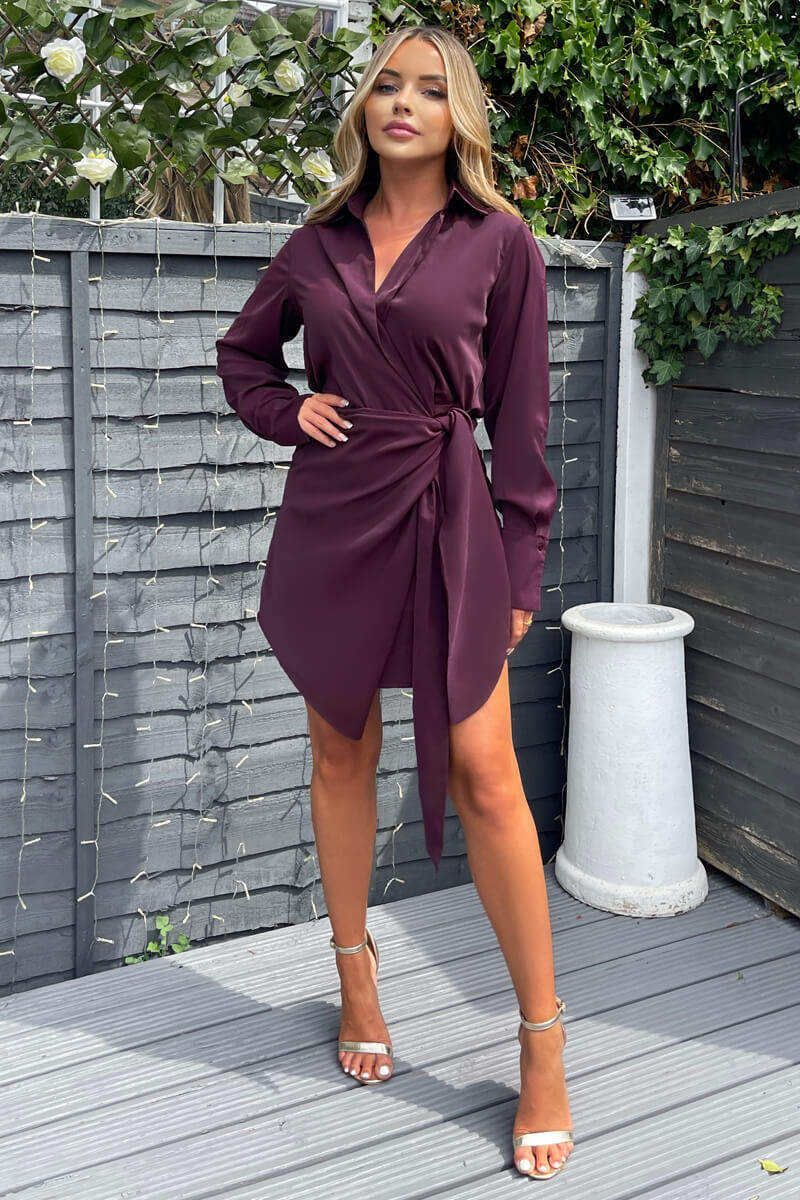 Plum Tie Wrap Long Sleeve Mini Dress - Swimclubus