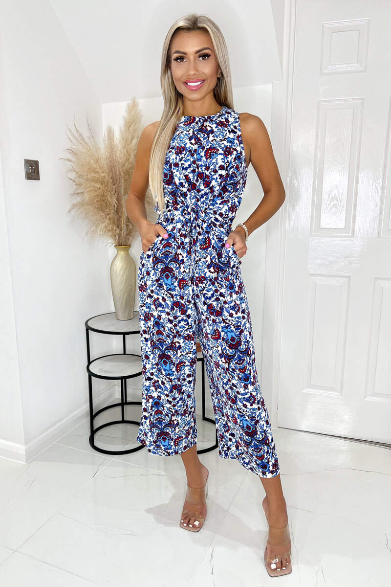 Blue And Red Floral Printed Knot Front  Round Neck Jumpsuit - Swimclubus