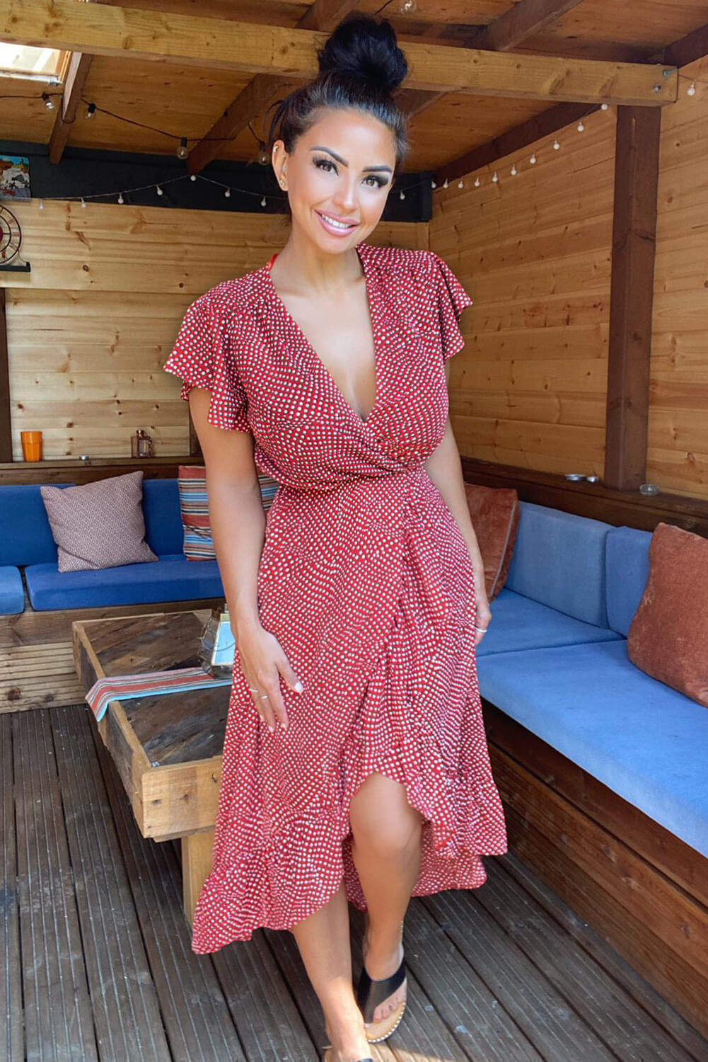 Rust Polka Dot Wrap Over Midi Dress - Swimclubus