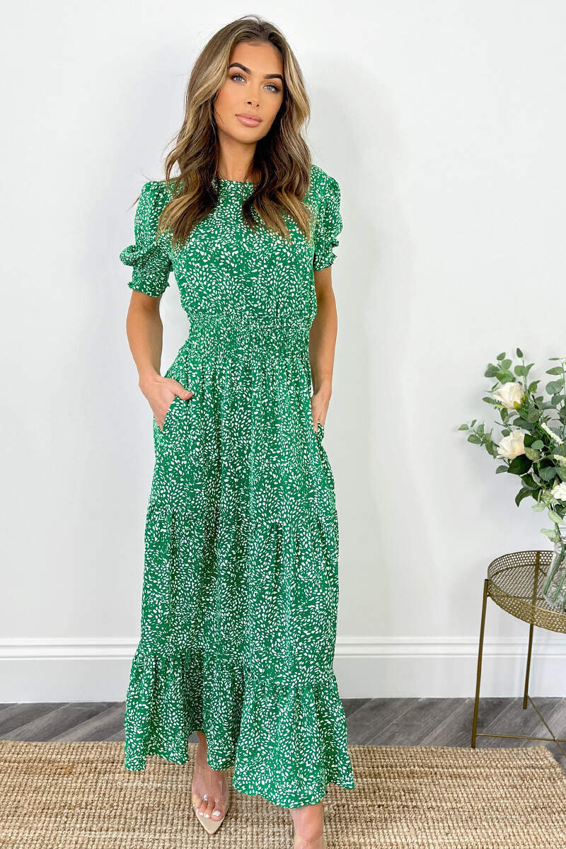 Green And White Printed Shirred Waist Smock Dress - Swimclubus