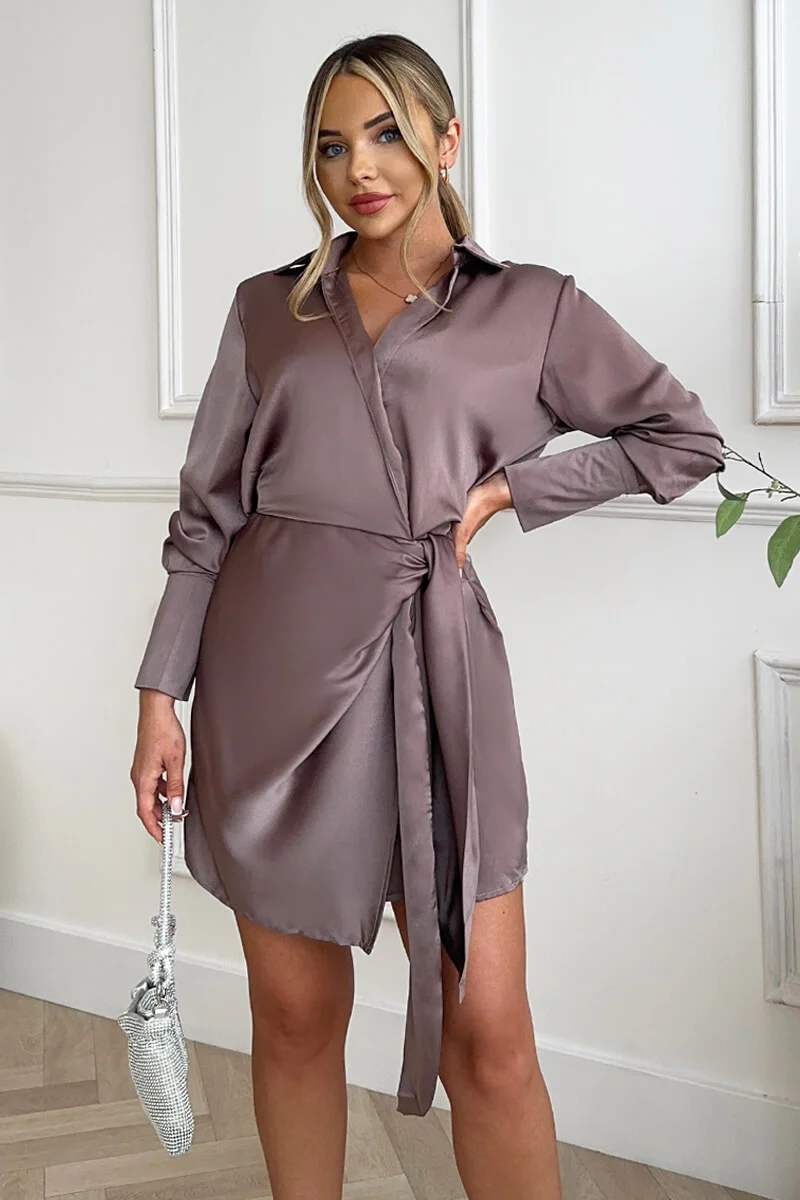Taupe Satin Wrap Long Sleeve Mini Dress - Swimclubus