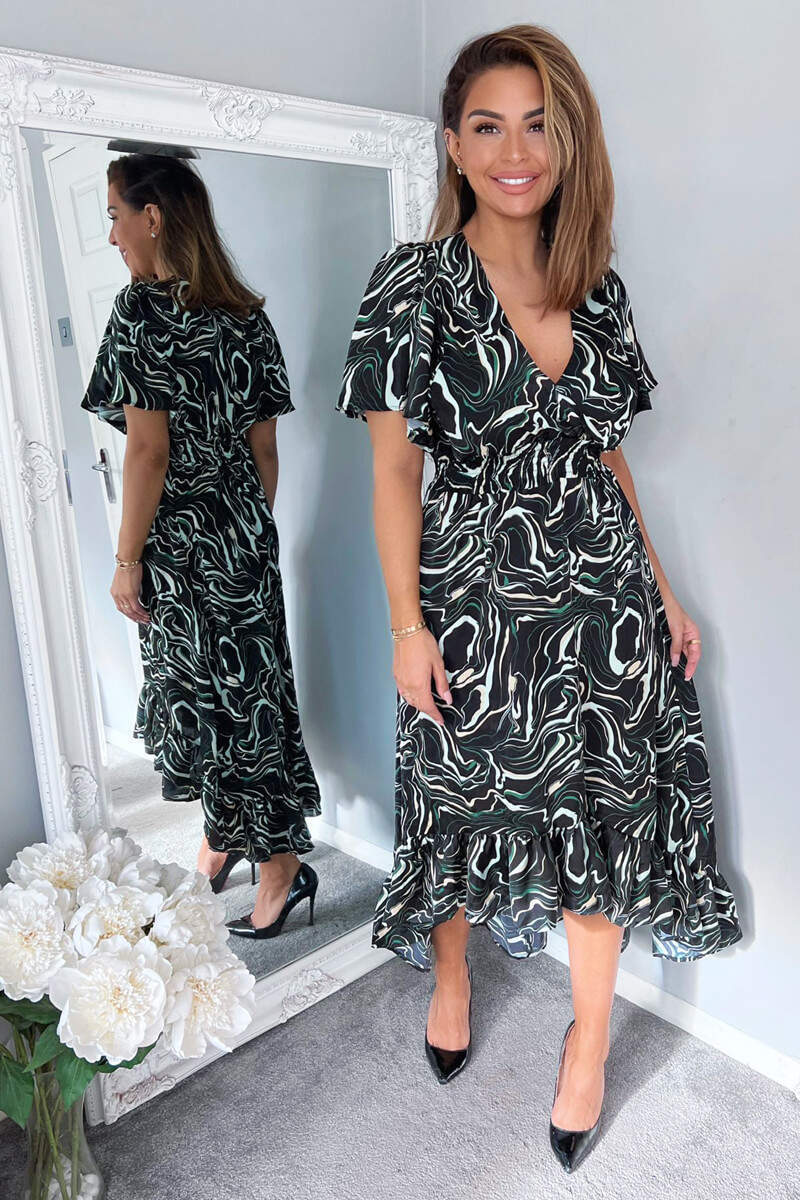 Black And Green Marble Print Dip Hem Midi Dress - Swimclubus