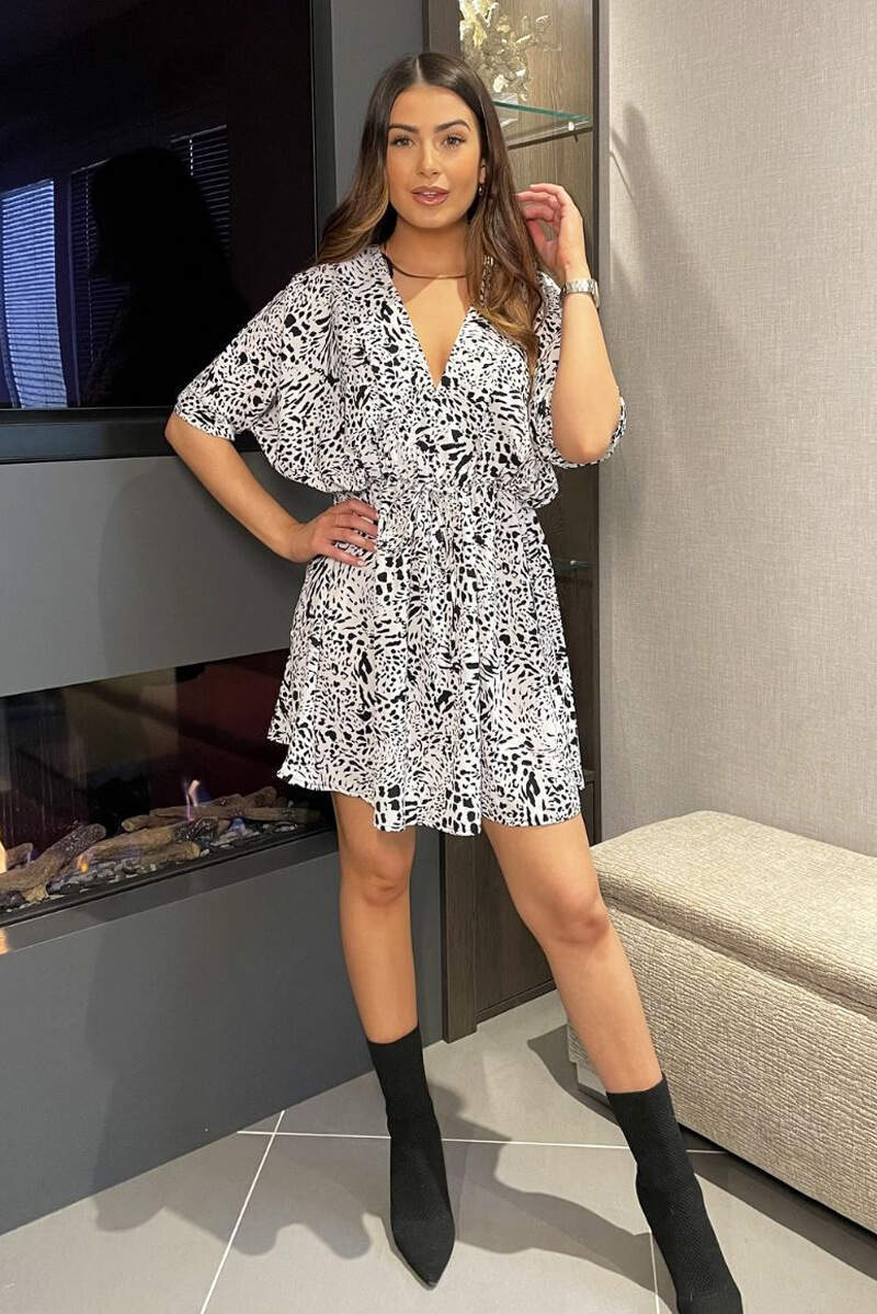 Cream Multi Print Drawstring Waist Dress - Swimclubus