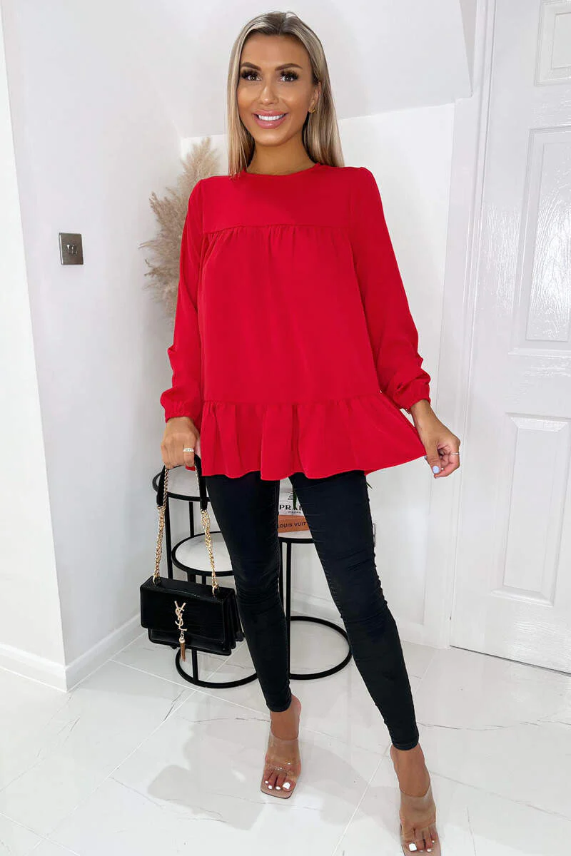 Red Long Sleeve Round Neck Smock Top - Swimclubus