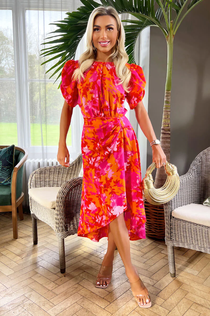 Pink And Orange Floral Printed Short Puff Sleeve Gathered Side Midi Dress - Swimclubus