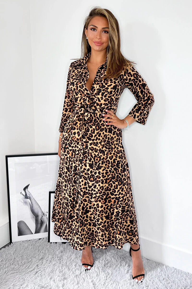 Brown Animal Print Tie Waist Midi Shirt Dress - Swimclubus