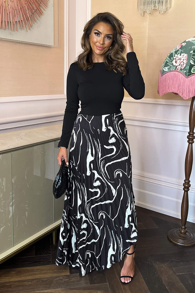 Black Abstract Stripe Print 2 in 1 Long Sleeve Pleated Skirt Midi Dress - Swimclubus