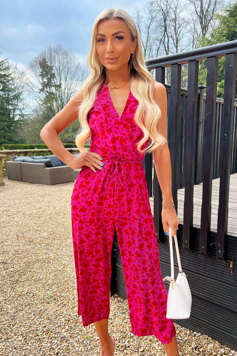 Pink And Red Floral Printed Tie Front Jumpsuit - Swimclubus