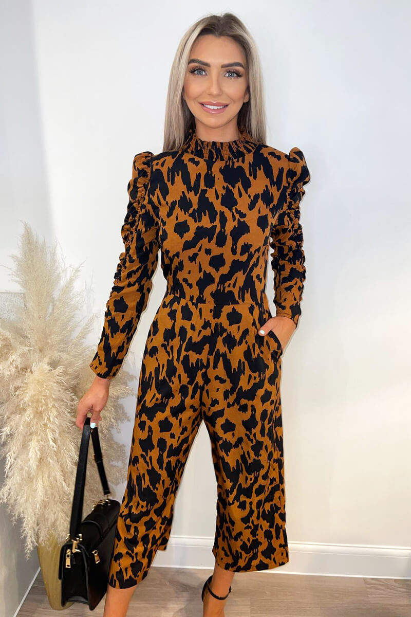 Camel Animal Printed Ruched Sleeve Jumpsuit - Swimclubus