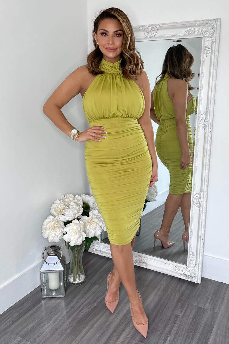 Lime Ruched High Neck Midi Dress - Swimclubus