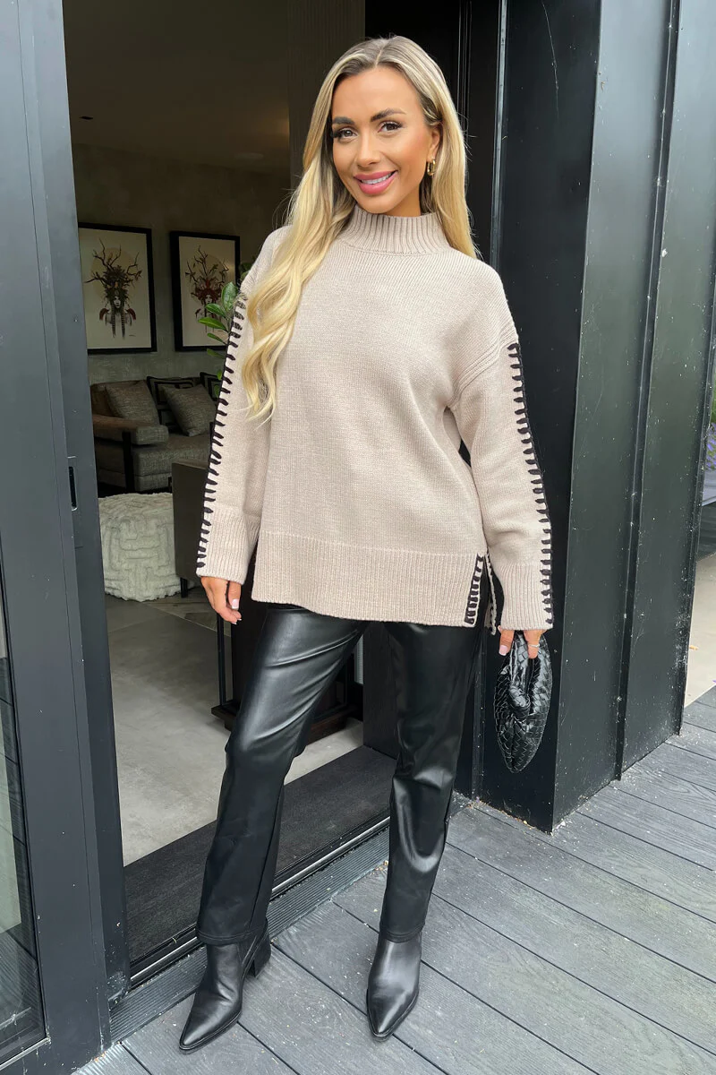 Oatmeal Mock Neck Blanket Stitch Detail Knit Jumper - Swimclubus