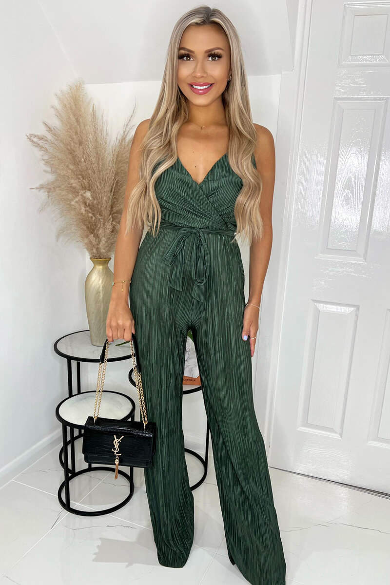 Khaki Wrap Top Tie Waist Full Length Plisse Jumpsuit - Swimclubus