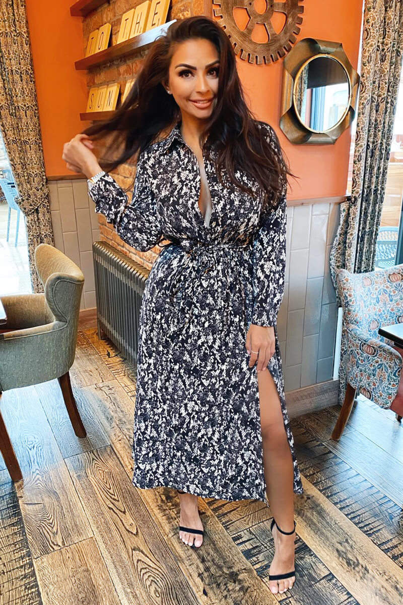 Black Printed Button Up Midi Dress - Swimclubus