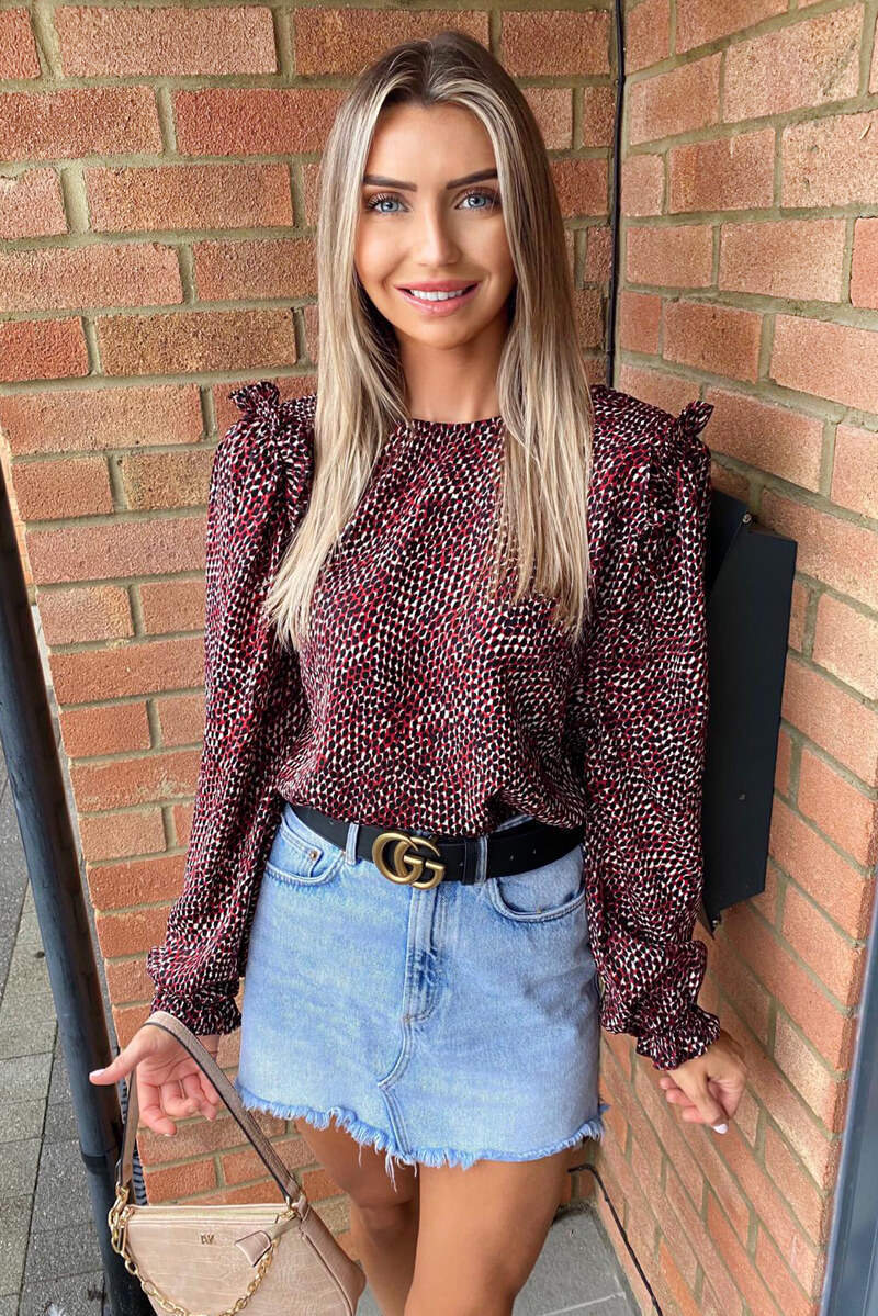 Red Ditsy Frill Shoulder Blouse - Swimclubus