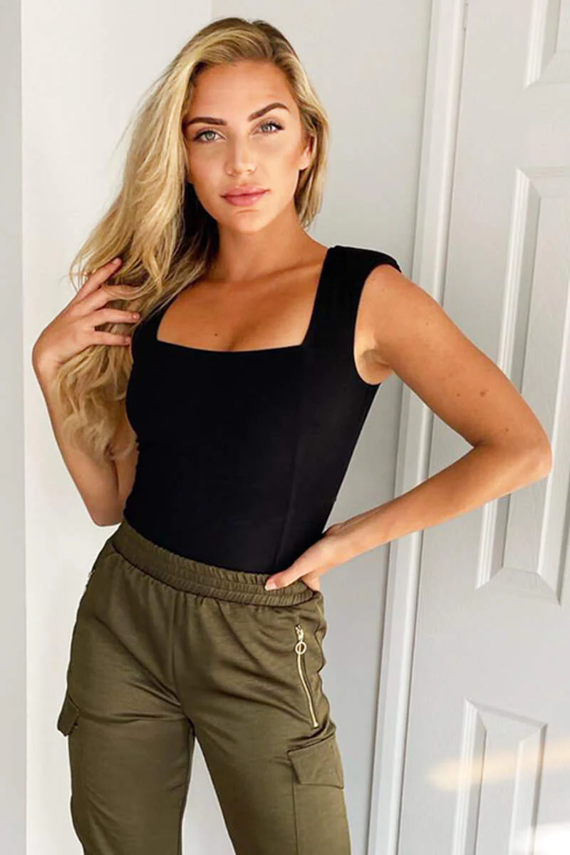 Black Padded Shoulder Sleeveless Bodysuit - Swimclubus