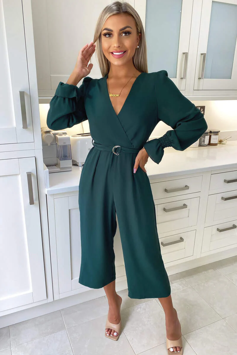 Teal Wrap Over Elasticated Cuff Belted Jumpsuit - Swimclubus