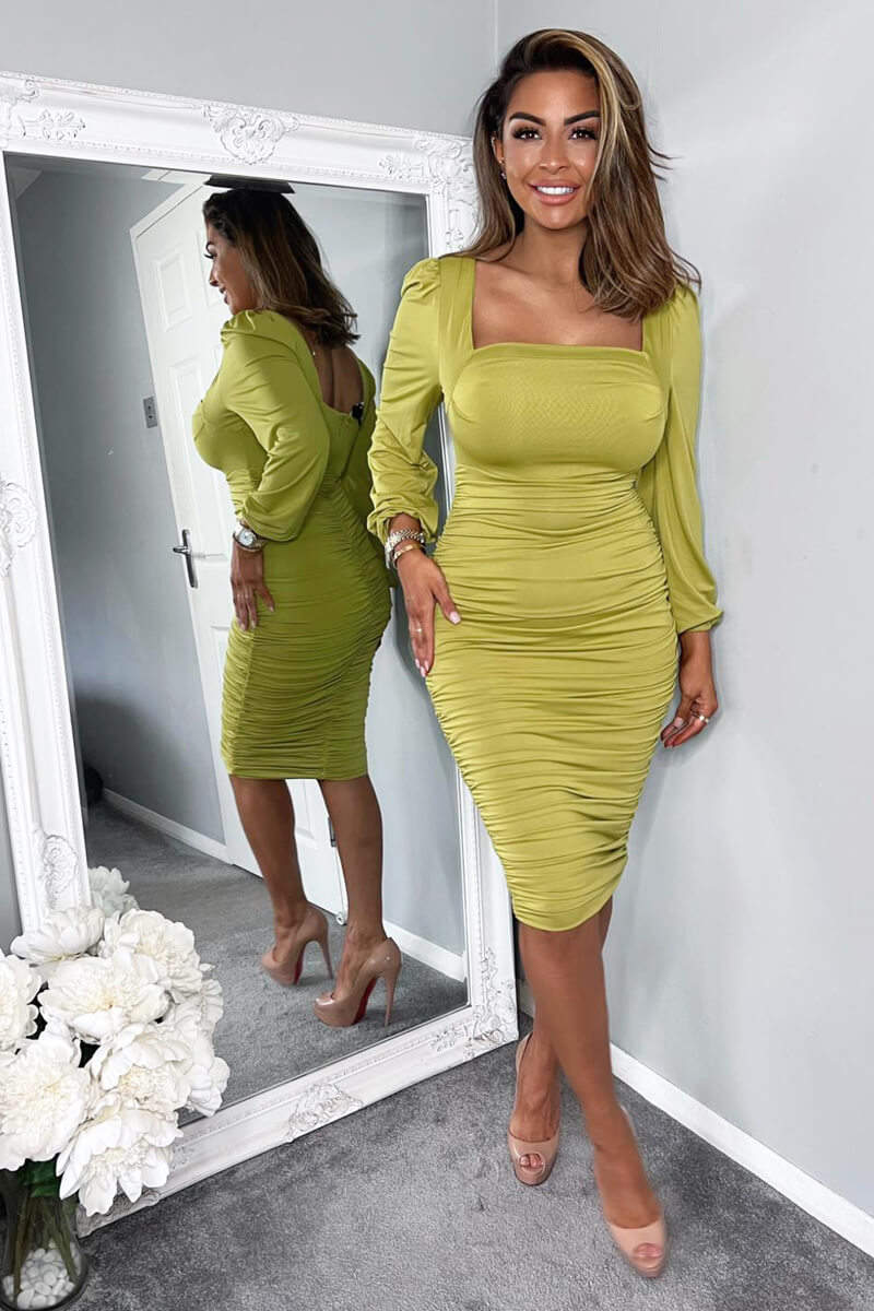 Lime Square Neck Ruched Long Sleeve Midi Dress - Swimclubus