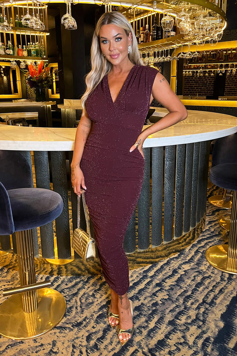 Plum Sparkle Wrap Top Ruched Skirt Midi Dress - Swimclubus