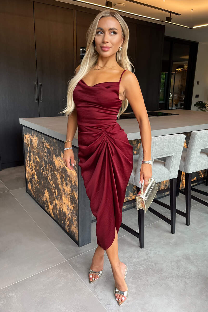 Wine Satin Strappy Cowl Neck Gathered Skirt Midi Dress - Swimclubus
