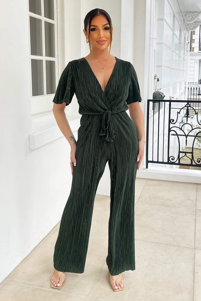 Khaki Wrap Top Plisse Jumpsuit - Swimclubus
