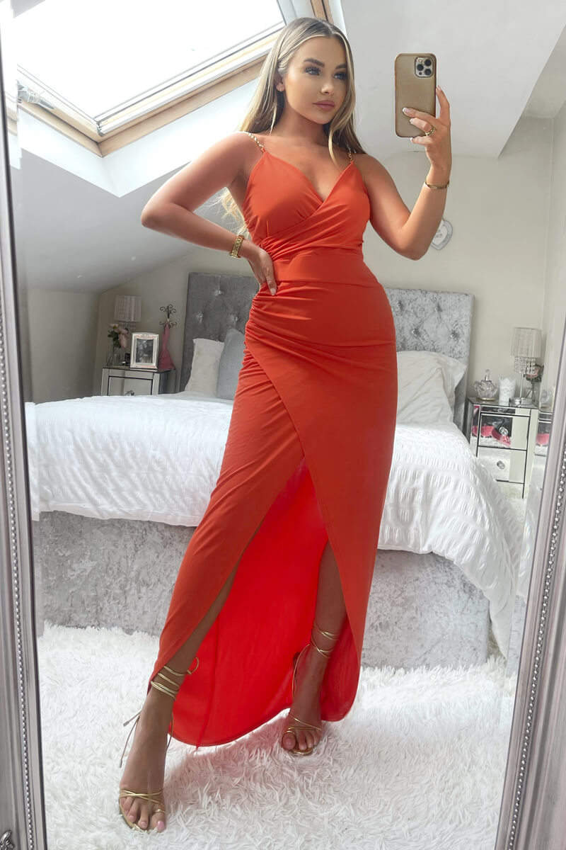 Orange Wrap Over Midi Dress With Chain Straps - Swimclubus