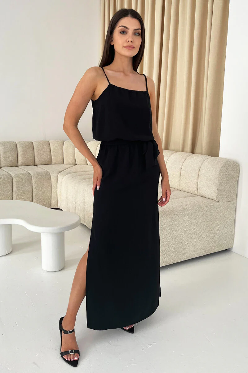 Black Tie Waist Strappy Split Leg Midi Dress - Swimclubus