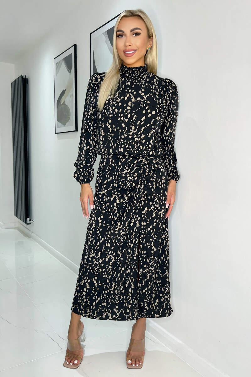 Black And Beige Printed High Neck Split Skirt Midi Dress - Swimclubus