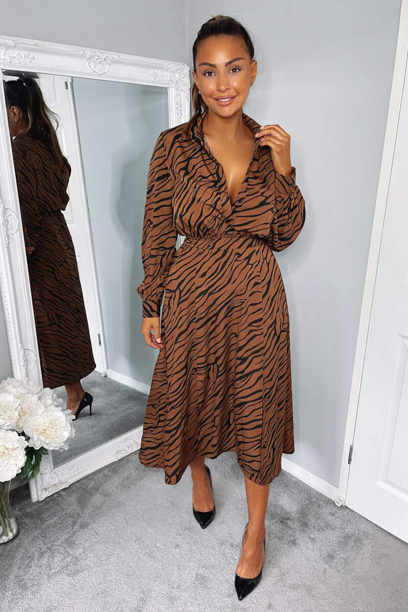 Brown Animal Print Button Up Midi Dress - Swimclubus