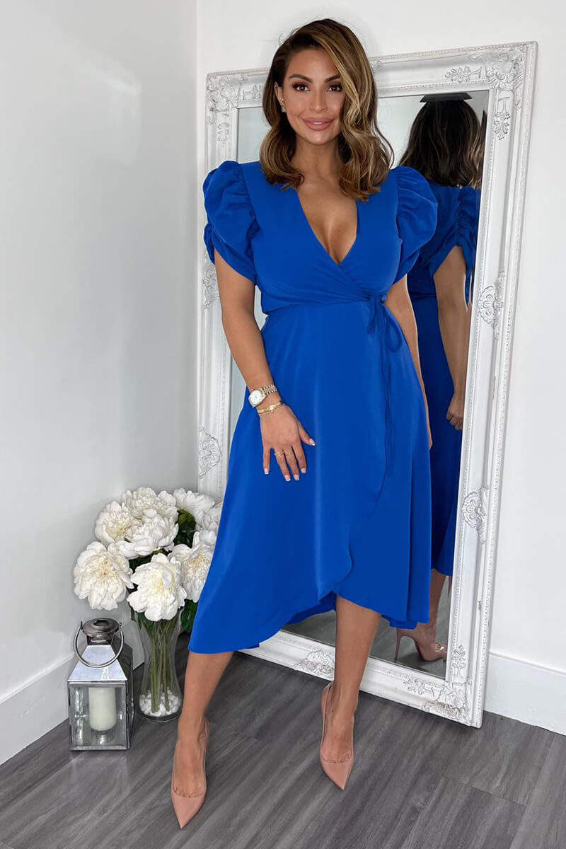 Blue Wrap Over Tie Midi Dress - Swimclubus