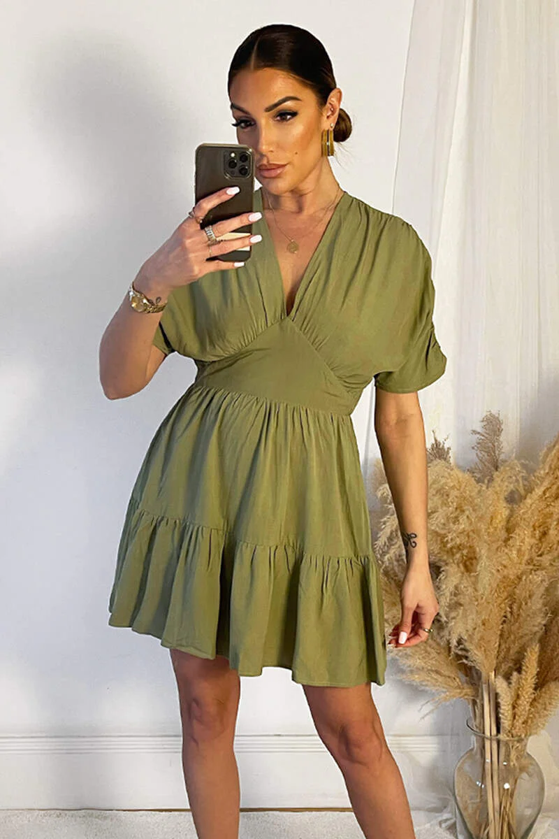 Khaki Short Sleeve Tie Back V Neck Mini Dress - Swimclubus