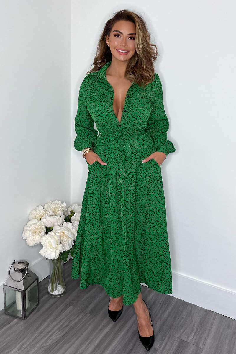Green Printed Button Up Midi Shirt Dress - Swimclubus