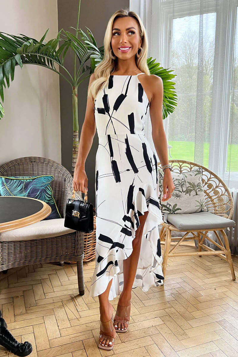 Black And White Frill Hem High Neck Midi Dress - Swimclubus