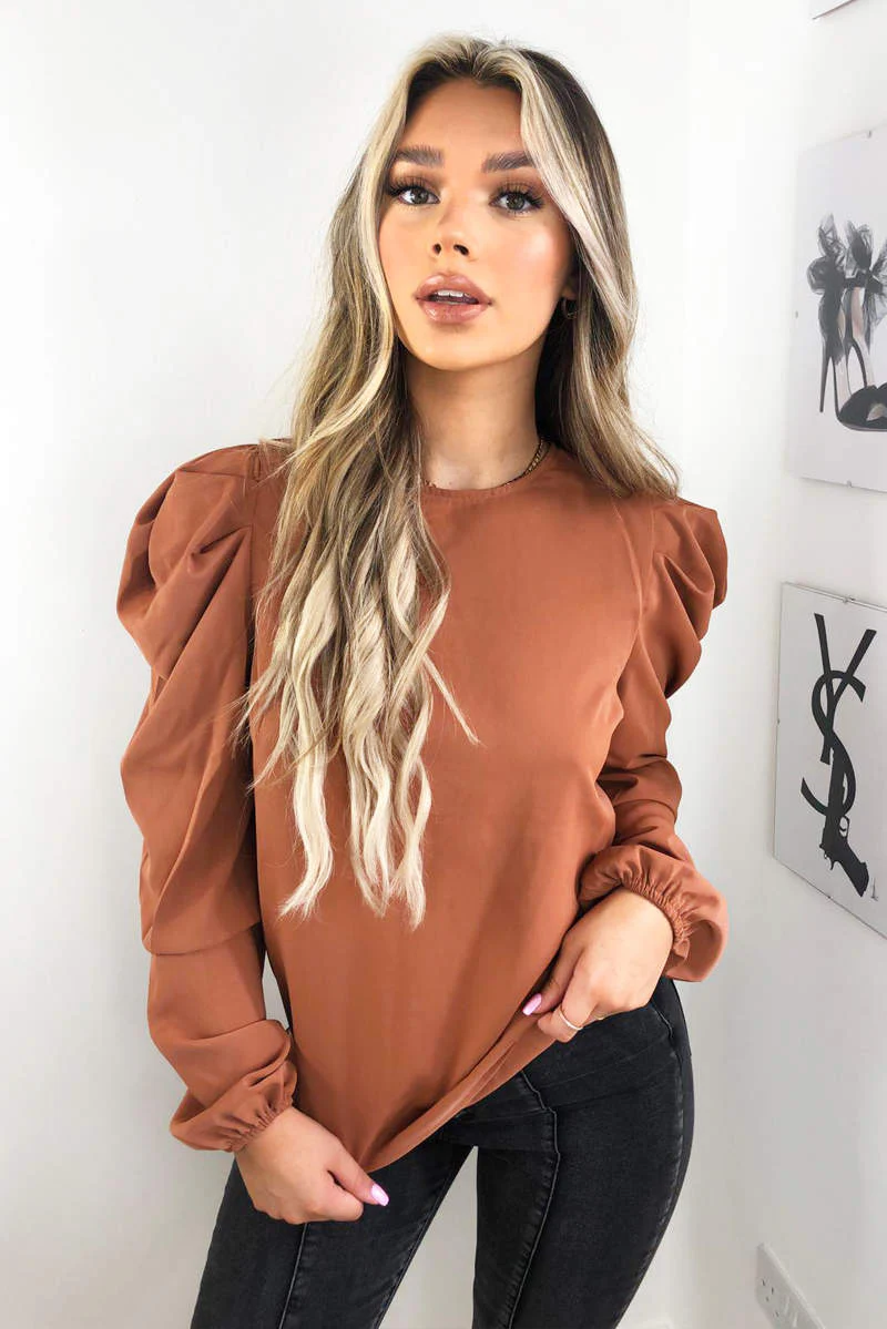 Camel Puff Sleeve Loose Fit Top - Swimclubus