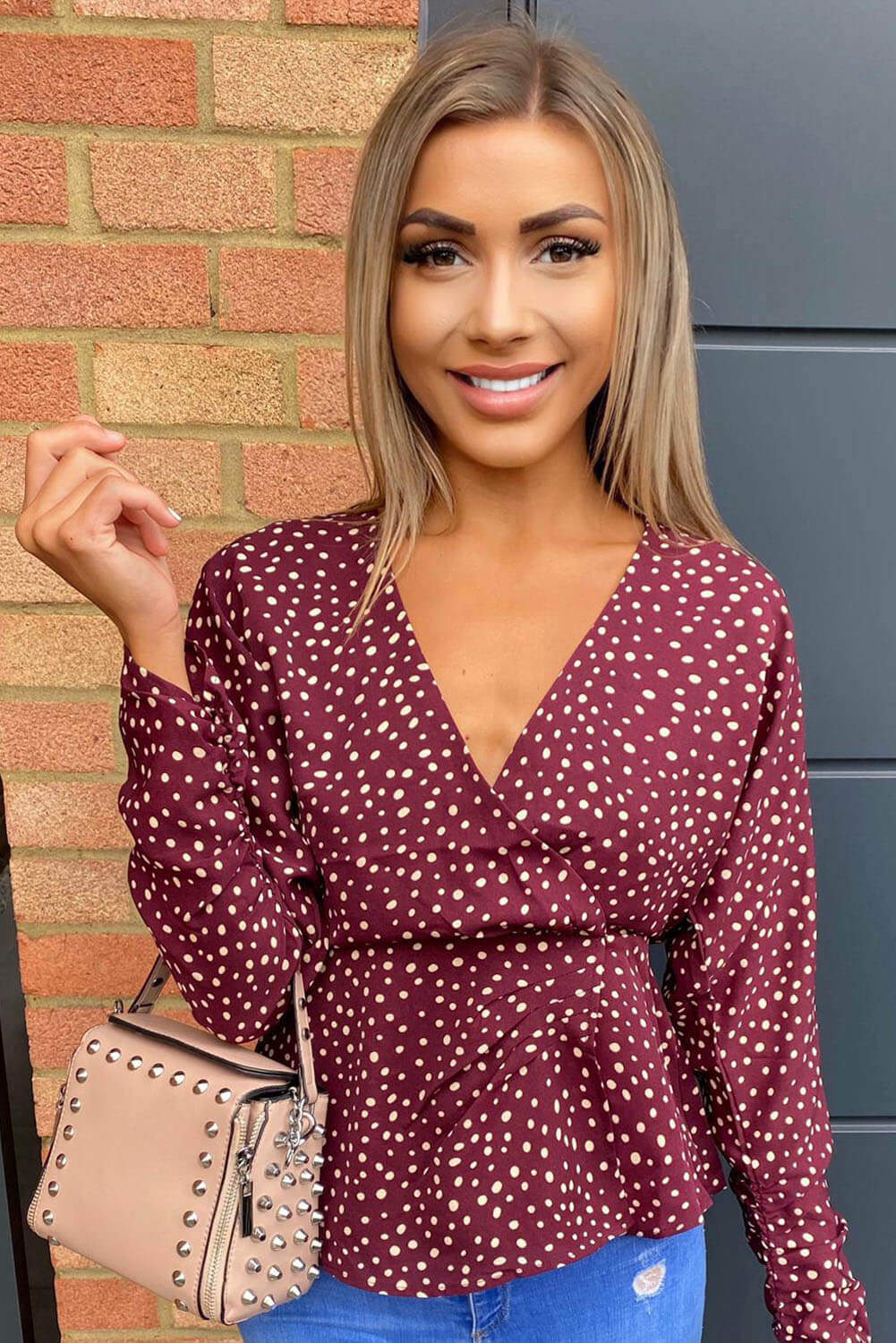 Plum Polka Dot Long Sleeve Wrap Top - Swimclubus