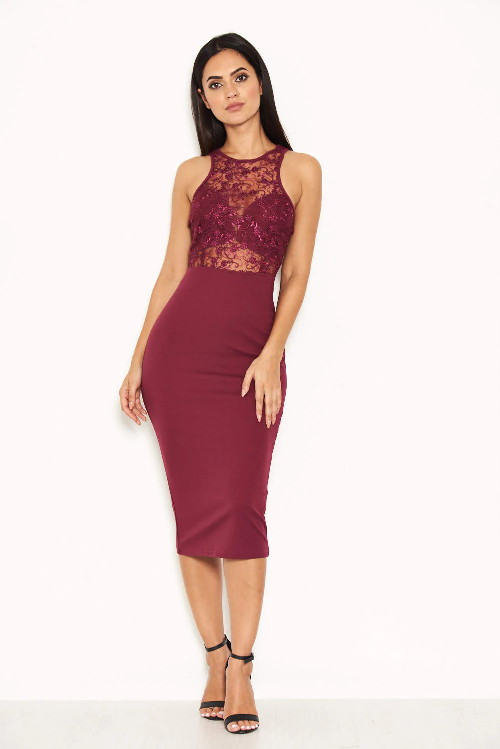 Plum Midi Dress With Lace Top - Swimclubus