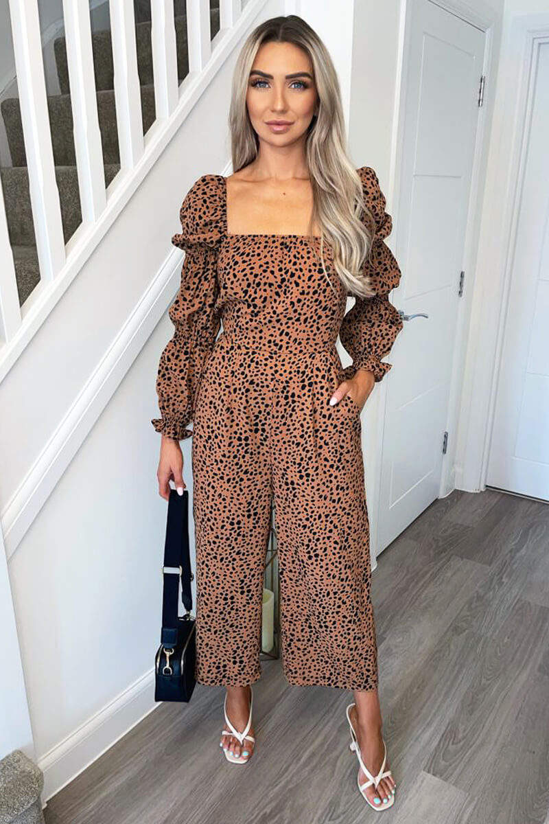 Tan Dot Printed Elasticated Sleeve Jumpsuit - Swimclubus