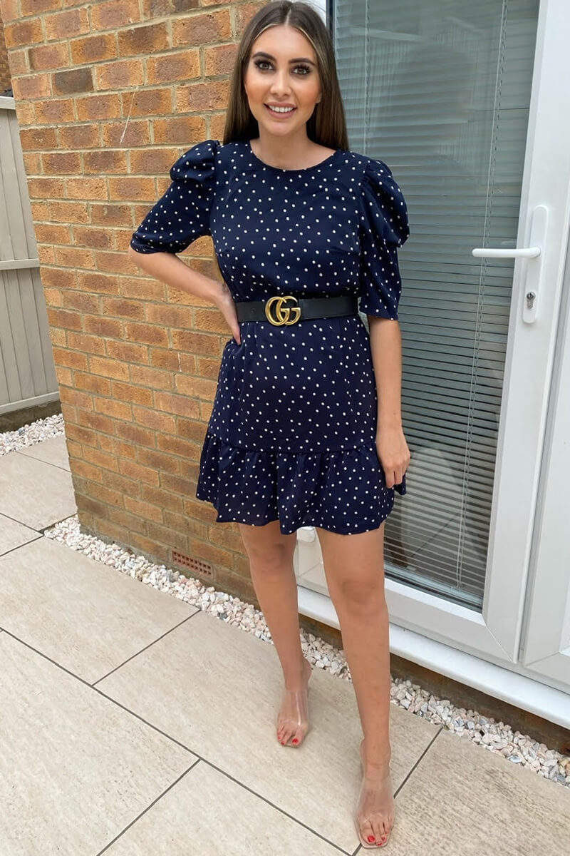 Navy Ditsy Daisy Print Frill Hem Shift Dress - Swimclubus