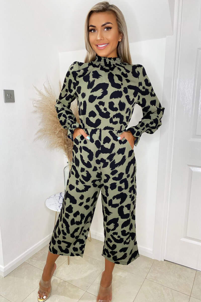 Khaki Elasticated Neck Long Sleeve Culotte Jumpsuit - Swimclubus