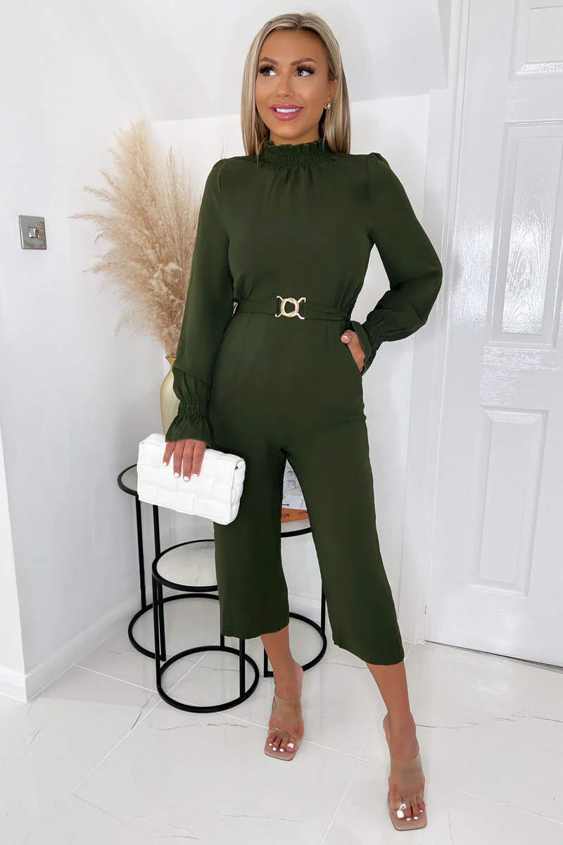 Olive High Neck Long Sleeve Belted Jumpsuit - Swimclubus