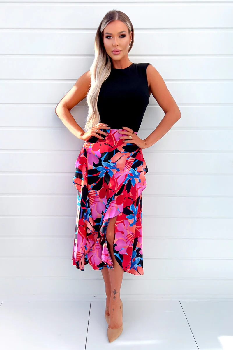 Multi Printed 2 In 1 Double Frill Split Midi Dress - Swimclubus