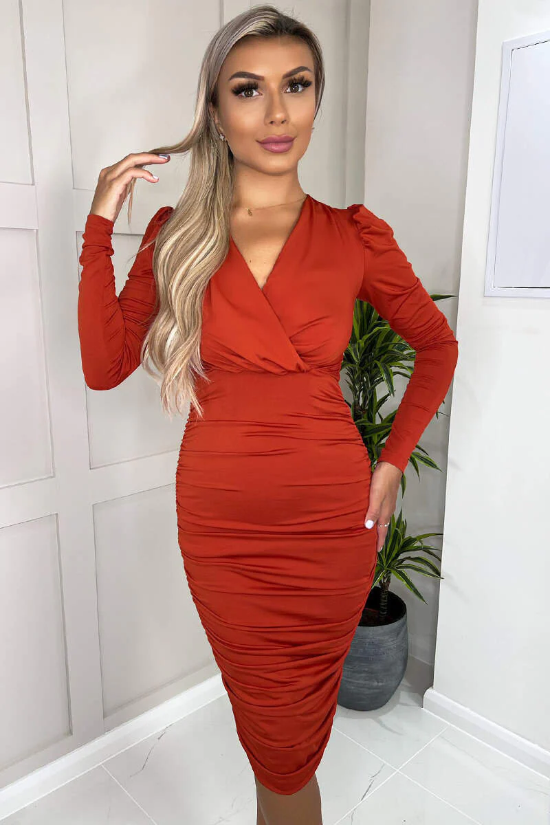 Rust Ruched Long Sleeve Cross Front Midi Dress - Swimclubus
