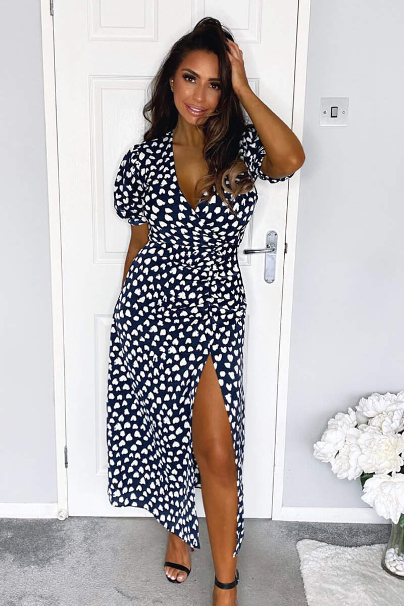 Navy Heart Print Short Sleeve Midi Dress - Swimclubus